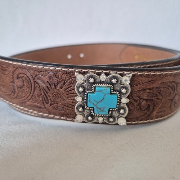 ARIAT Women's Western Belt Embossed-Leather Turquoise Rhinestone-Accent Buckle - Picture 4 of 11